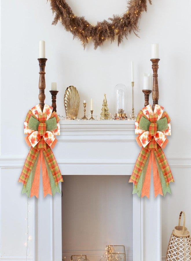 Ftuuo Large Orange Green Buffalo Plaid Wreath Bows, Fall Farmhouse Maple Bow for Wreath Crafts Decorative Hanging Ornament Bow for Harvest Thanksgiving Indoor Outdoor Holiday Autumn Party Decor - Image 3